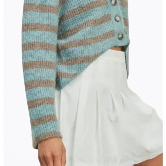 NEW VANILLA MONKEY cropped high-low striped cardigan in sky blue/grey - Picture 2 of 3